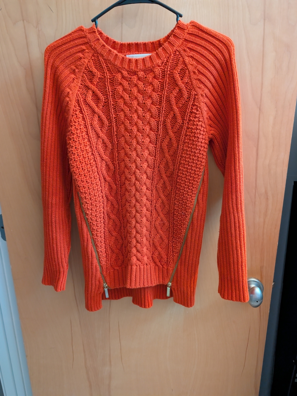 MICHAEL Michael Kors Bright Orange Cable-Knit Crewneck Sweater with Gold Zippers